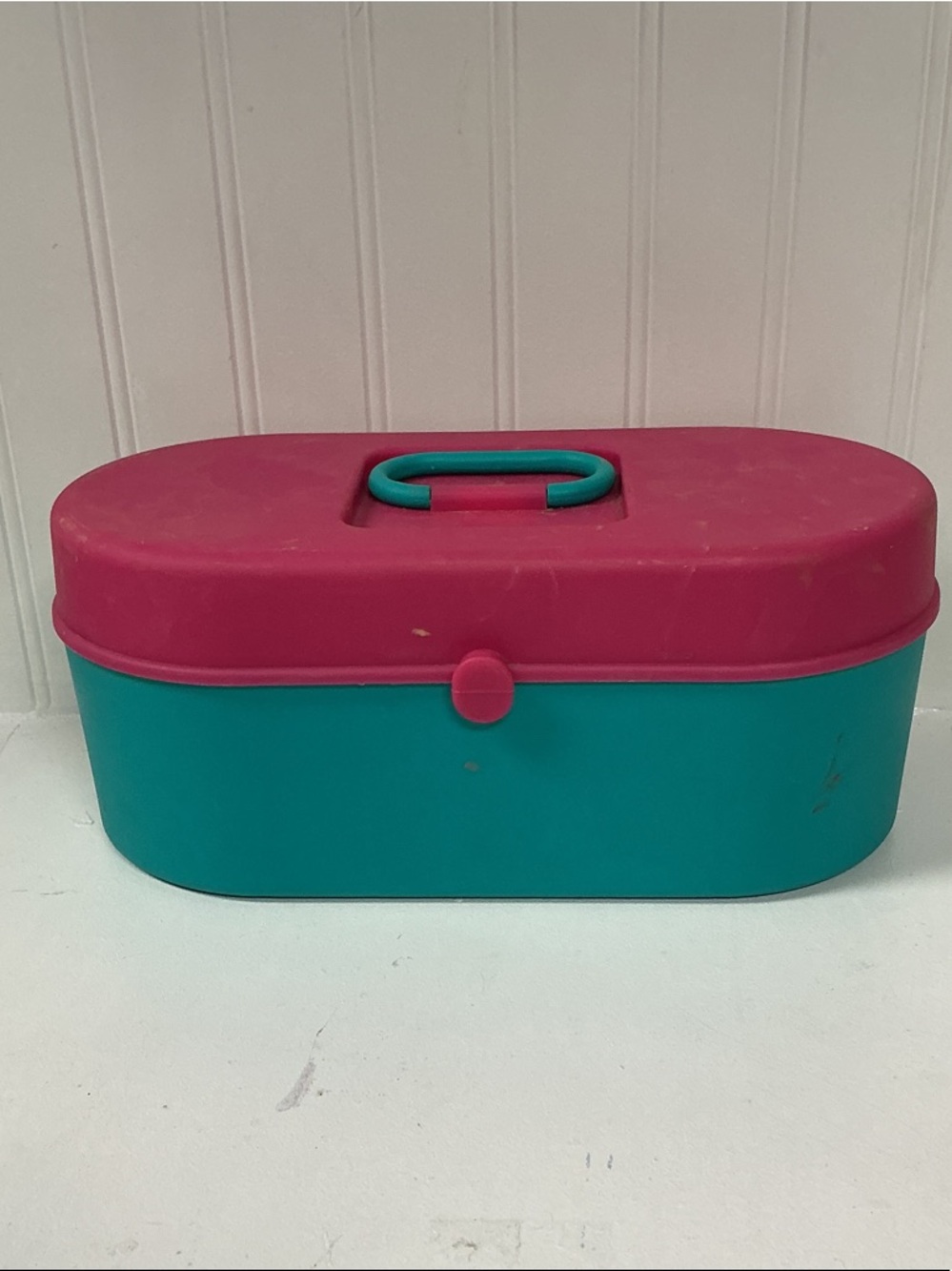 Teal and Pink Plastic Storage Box with Handle